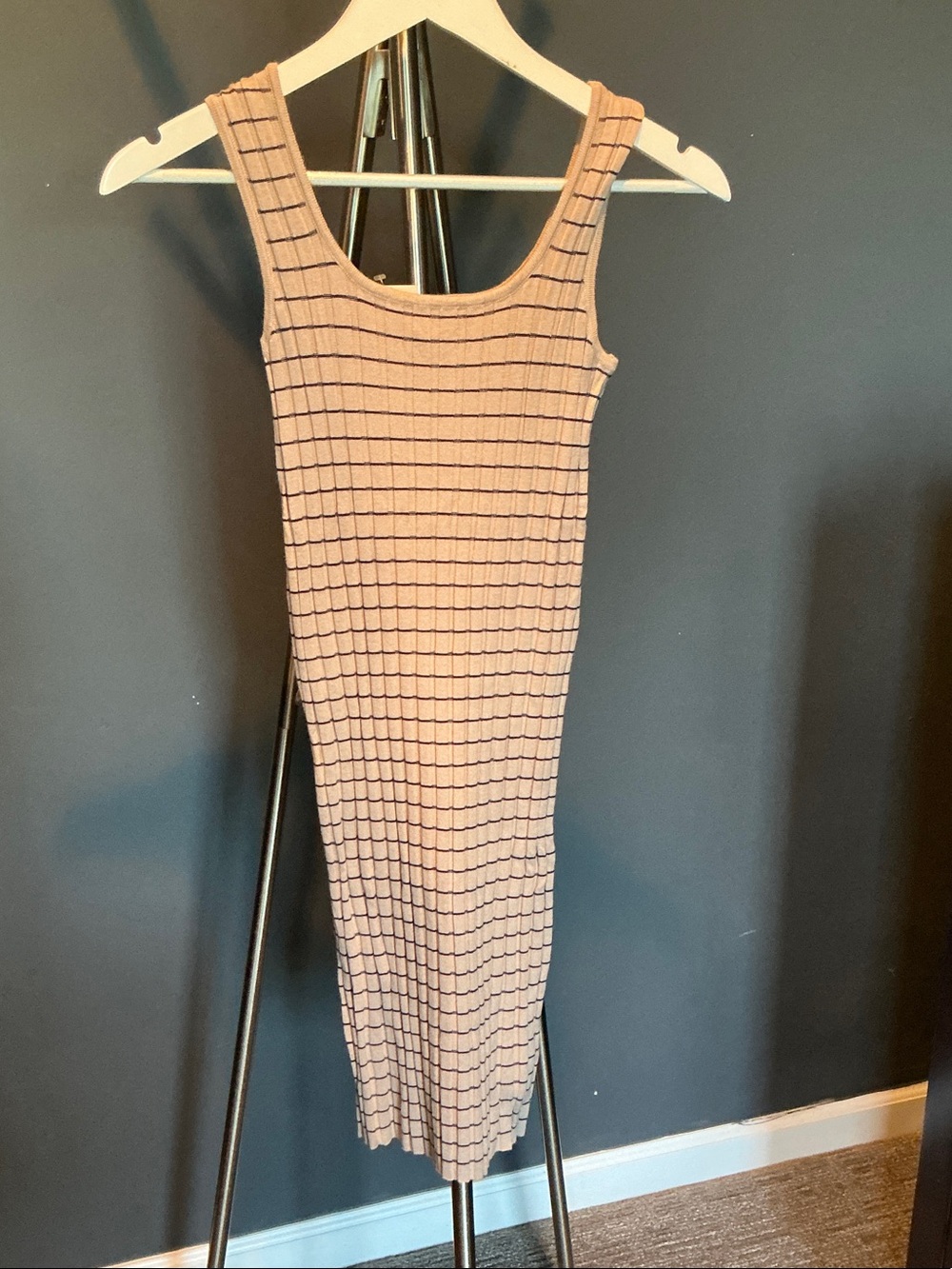Sleeveless Ribbed Knit Midi Dress in Blush with Black Grid